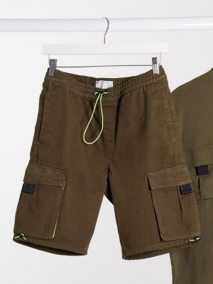 Asos Design Two-piece Denim Shorts In Khaki With Mesh And Tech Details