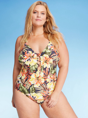 Women's Plus Size Strappy Front One Piece Swimsuit - Kona Sol™ Floral