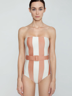 Strapless Belted One Piece Swimsuit - Rose Stripe Print