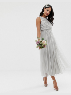 Maya Bridesmaid Sleeveless Midaxi Tulle Dress With Tonal Delicate Sequin Overlay In Silver