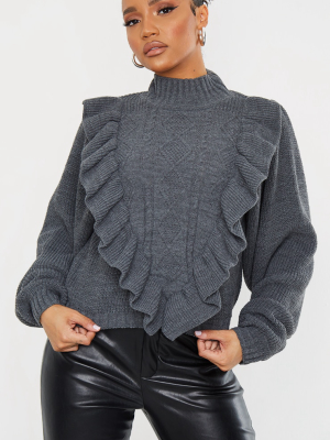 Grey Frill Cable Turtle Neck Sweater