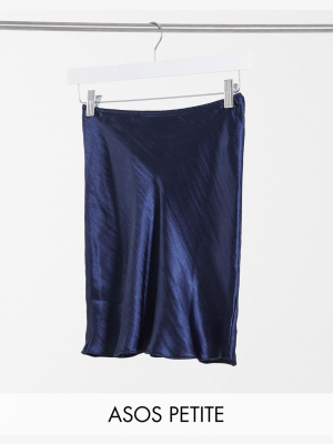 Asos Design Petite Mini Hi-shine Satin Slip Skirt In Navy