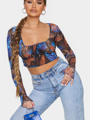 Black Mesh Tiger Tie Front Long Sleeve Crop Top