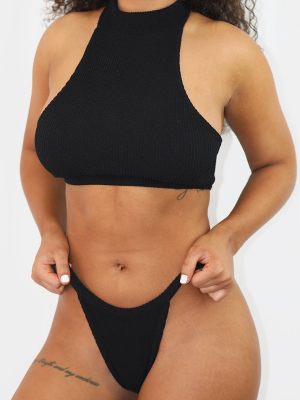 Black Crinkle Cheeky Tanga Bikini Bottom