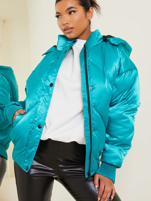 Green Satin Quilted Cuff Hem Puffer Jacket