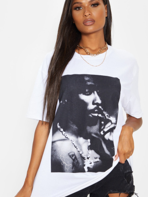 White Tupac Portrait Print T Shirt