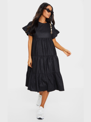 Black Broderie Anglaise Tiered Smock Midi Dress