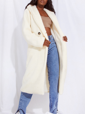 Tall Cream Borg Hooded Midi Coat