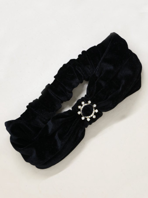 Velvet Headband With Crystal Ring In Black