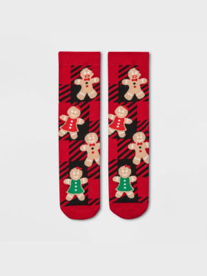 Women's Plaid Gingerbread Holiday Terry Lined Crew Socks With Grippers - Wondershop™ Red 4-10