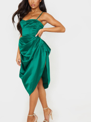 Emerald Green Satin Woven Ruched Side Midi Skirt