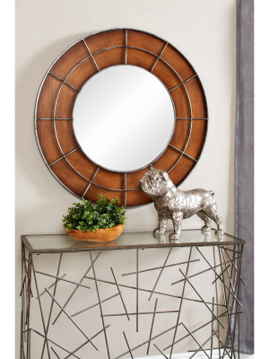 36" X 36" Large Round Wood Wall Mirror With Metal Grid Overlay Golden Brown - Olivia & May