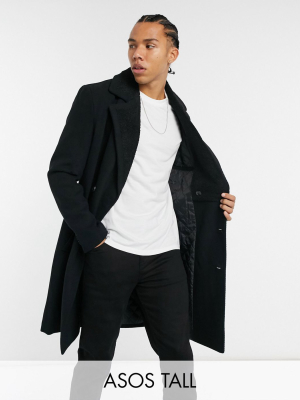 Asos Design Tall Wool Mix Coat With Borg Lining In Black