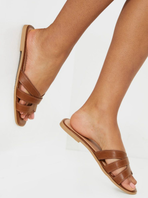 Tan Wide Fit Cross Strap Mule Flat Sandals