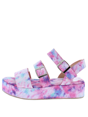 Mary035 Multi Tie Dye Tri Strap Open Toe Platform Wedge