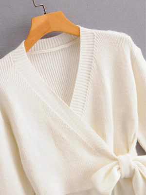 'katy' Cream Knitted Bow Wrap Sweater