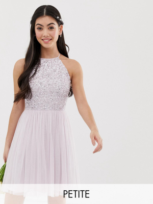 Maya Petite Bridesmaid Halter Neck Mini Tulle Dress With Tonal Delicate Sequins In Soft Lilac