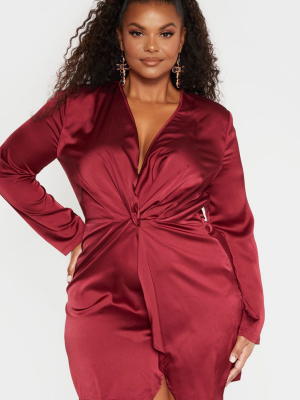 Plus Burgundy Satin Long Sleeve Wrap Dress