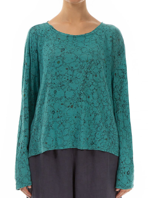 Long Sleeves Aqua Green Bubbly Linen Jersey Blouse