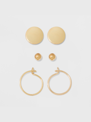 Ball, Flat Circle, And Hoop Earring Set 3pc - A New Day™ Gold