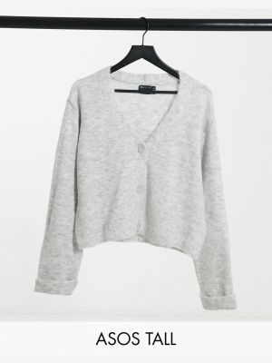 Asos Design Tall Boxy Cardigan With Turn Back Cuffs In Gray