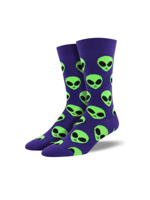 Novelty Socks 10.0" We Come In Peace Purple Cotton Crew Alien Socksmith - Socks
