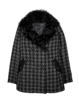 Houndstooth Peacoat Jacket With Shearling Collar