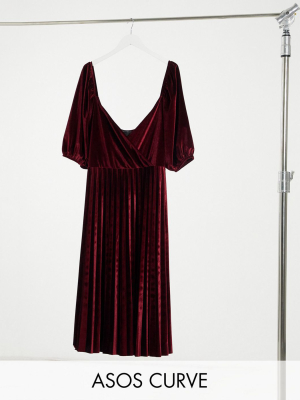 Asos Design Curve Puff Sleeve Velvet Wrap Pleat Midi Dress In Oxblood