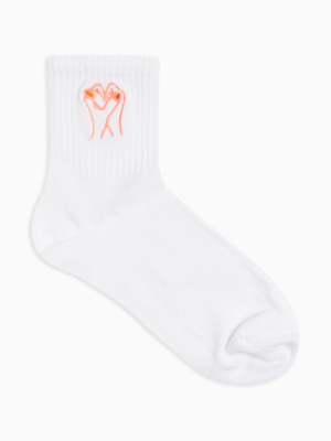 Embroidered Hands Tube Socks In White