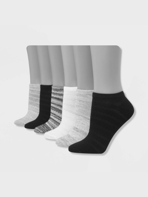 Hanes Performance Women's Lightweight Marled Stripe 6pk No Show Athletic Socks - White/black/gray