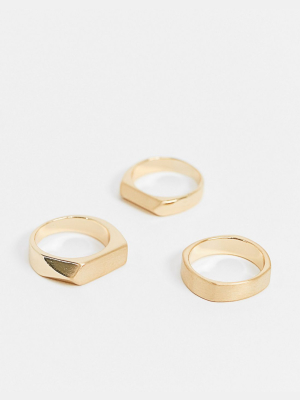 Asos Design Ring Pack With Angular Design In Brushed Gold Tone
