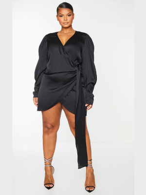 Plus Black Satin Puff Sleeve Wrap Dress