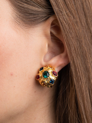 Small Gold With Multi Gem Clip Earrings