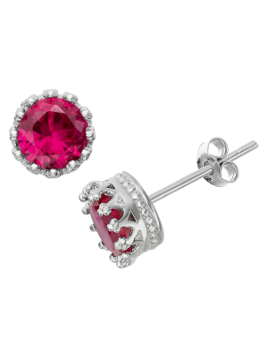 6mm Round-cut Ruby Crown Earrings In Sterling Silver