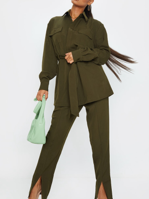 Dark Olive Split Hem Seam Front Straight Leg Pants