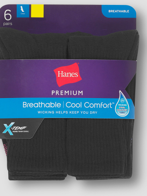 Hanes Premium 6 Pack Women's Cool Comfort Lightweight Crew Socks - Black 8-12