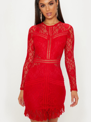 Red Lace Ladder Detail Frill Hem Bodycon Dress