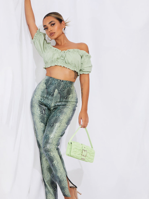 Petite Green Snake Print Split Hem Trousers