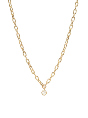 14k Medium Square Oval Link Necklace With Dangling Bezel Set Diamond