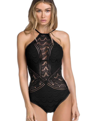 Scalloped Low Back High Neck Lace One Piece Swimsuit