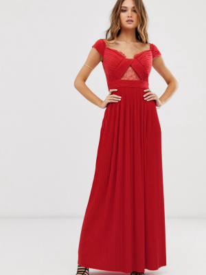 Asos Design Premium Lace And Pleat Off-the-shoulder Maxi Dress In Bright Red