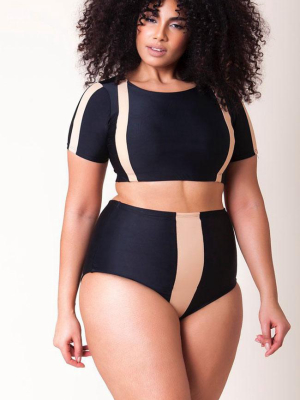 Plus Size Contrast High Waisted Sleeved Crop Bikini Swimsuit - Two Piece Set