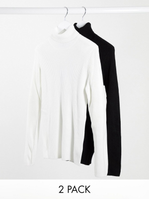 Asos Design 2-pack Knitted Rib Rollneck Sweater In Black And White