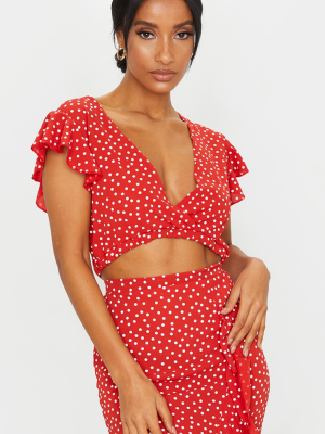 Red Polka Dot Printed Wrap Front Crop Top