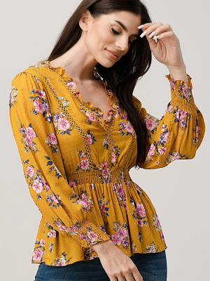 Rayon Challis Floral Ruffle V Neck Blouse Top