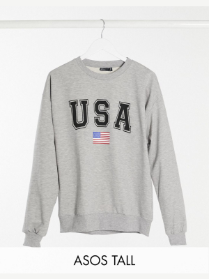 Asos Design Tall Sweatshirt With Usa Print In Gray Marl