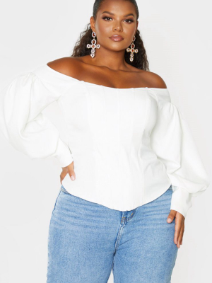 Plus White Bardot Balloon Sleeve Corset Top