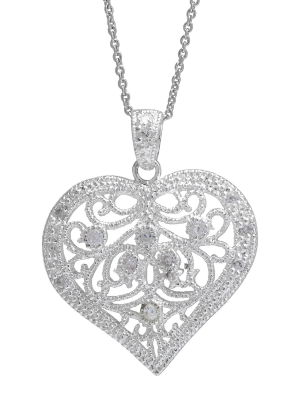 Silver Plated Cubic Zirconia Filigree Heart Pendant - 18"