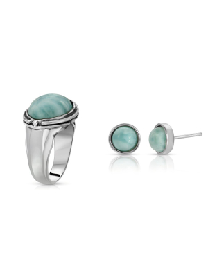 Larimar Oval Ring + Round Larimar Earrings