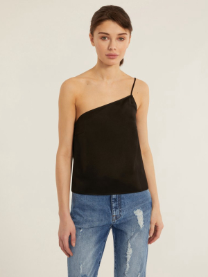 Quinn One Shoulder Satin Crepe Camisole In Black